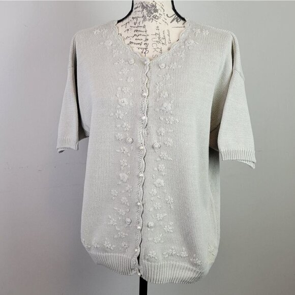 KNIT button up short sleeve embroidered cardigan sweater top M - Picture 6 of 10